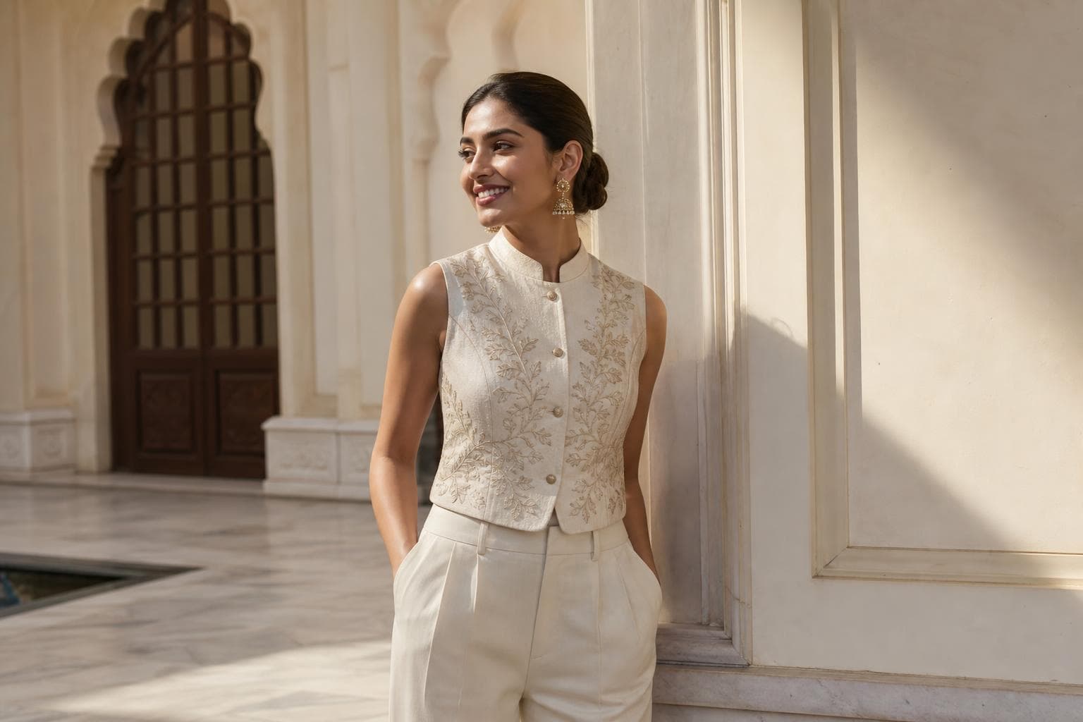 A woman in warm natural light, dressed by Anveera